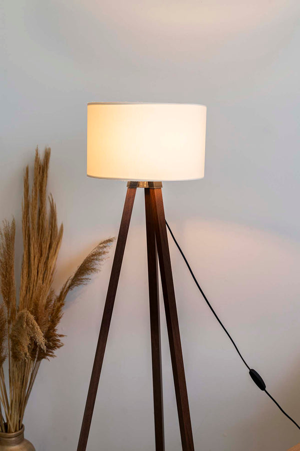 Ivory Textured Cylinder Shade Wooden Tripod Floor Lamp