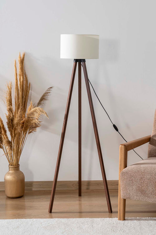 Ivory Textured Cylinder Shade Wooden Tripod Floor Lamp