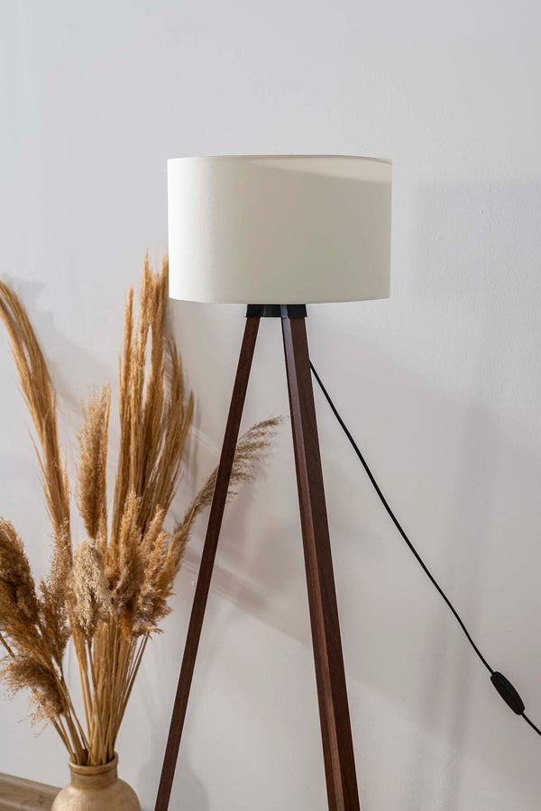 Ivory Textured Cylinder Shade Wooden Tripod Floor Lamp