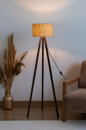 Wicker-Textured Cylindrical Lampshade with Wooden Tripod Floor Lamp