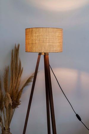 Wicker-Textured Cylindrical Lampshade with Wooden Tripod Floor Lamp