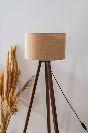 Wicker-Textured Cylindrical Lampshade with Wooden Tripod Floor Lamp