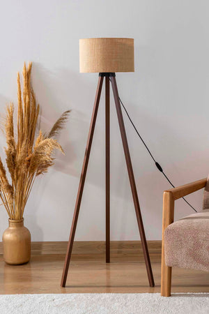 Wicker-Textured Cylindrical Lampshade with Wooden Tripod Floor Lamp