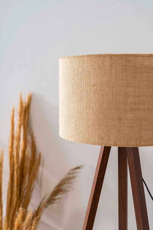 Wicker-Textured Cylindrical Lampshade with Wooden Tripod Floor Lamp