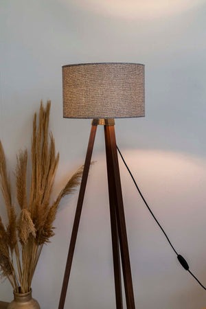 Gray Textured Cylindrical Shade Wooden Tripod Floor Lamp