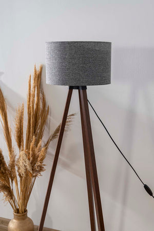 Gray Textured Cylindrical Shade Wooden Tripod Floor Lamp