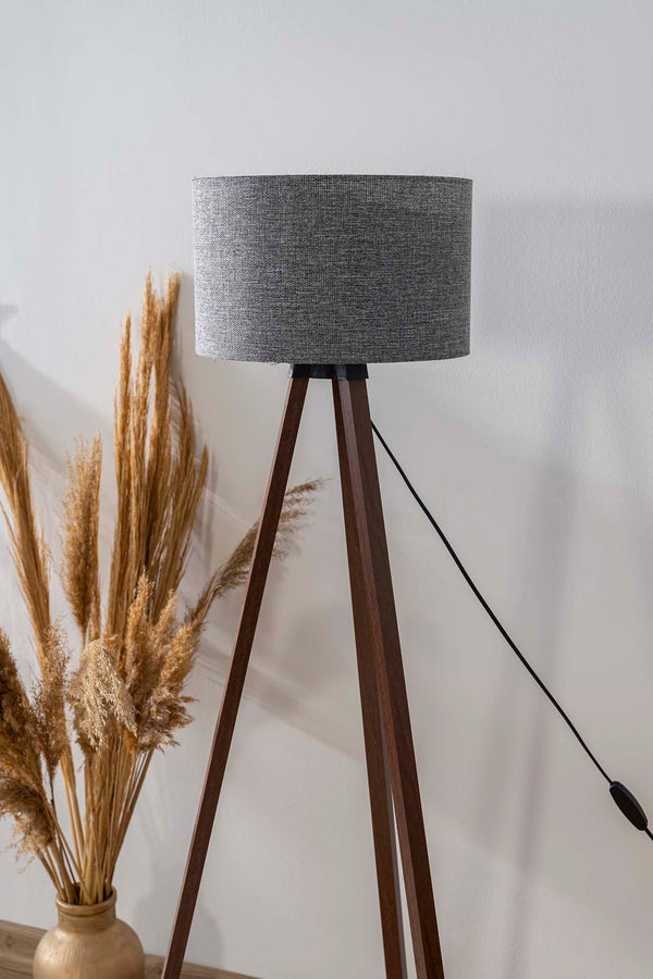 Gray Textured Cylindrical Shade Wooden Tripod Floor Lamp