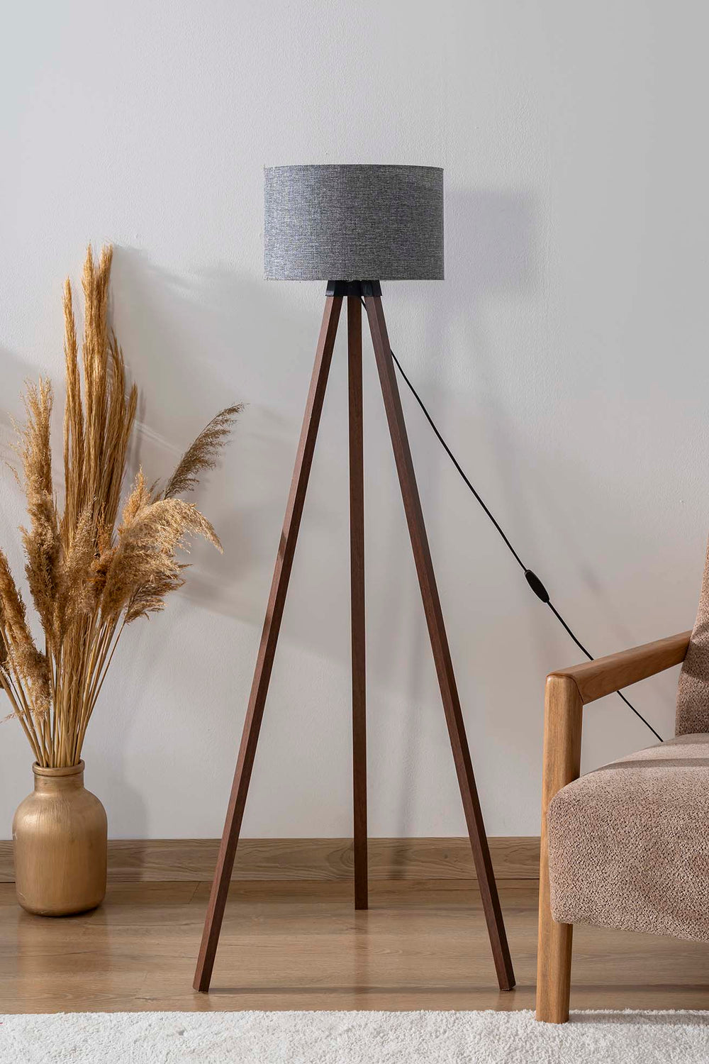 Gray Textured Cylindrical Shade Wooden Tripod Floor Lamp