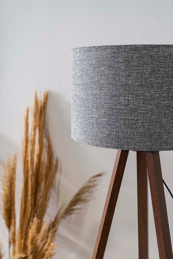 Gray Textured Cylindrical Shade Wooden Tripod Floor Lamp
