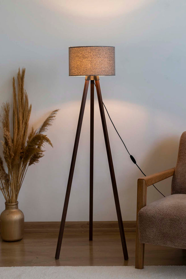 Gray Textured Cylindrical Shade Wooden Tripod Floor Lamp