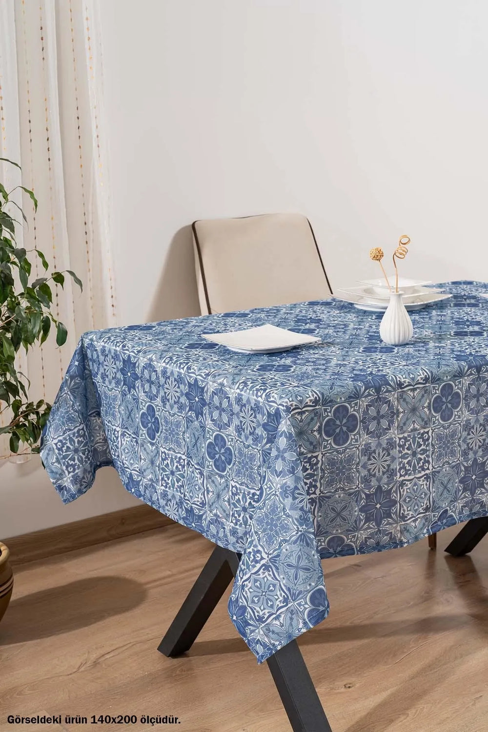 Blue Tile Patterned Tablecloth, Table Napkin, Picnic Cloth