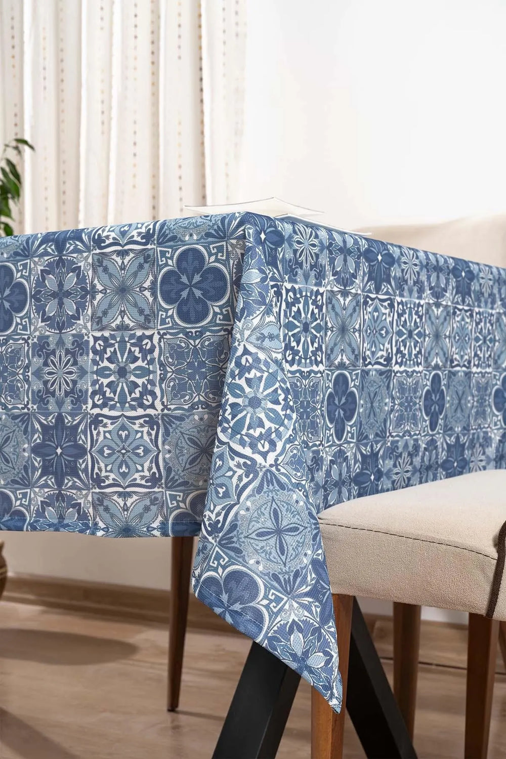 Blue Tile Patterned Tablecloth, Table Napkin, Picnic Cloth