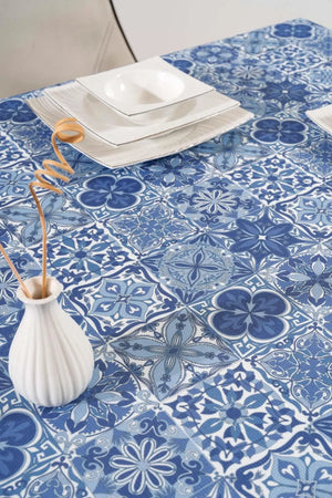 Blue Tile Patterned Tablecloth, Table Napkin, Picnic Cloth