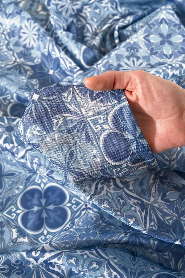 Blue Tile Patterned Tablecloth, Table Napkin, Picnic Cloth