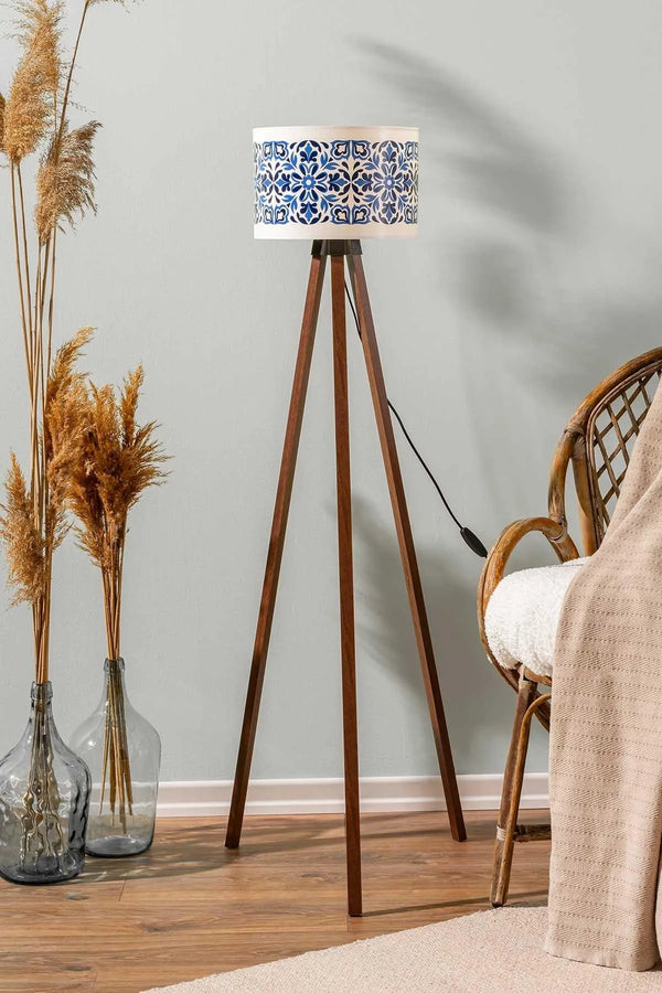 Blue Tile Cylinder Shade Wooden Tripod Floor Lamp