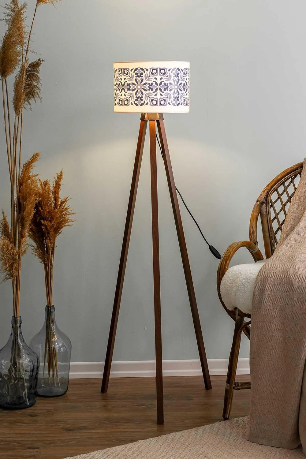 Blue Tile Cylinder Shade Wooden Tripod Floor Lamp