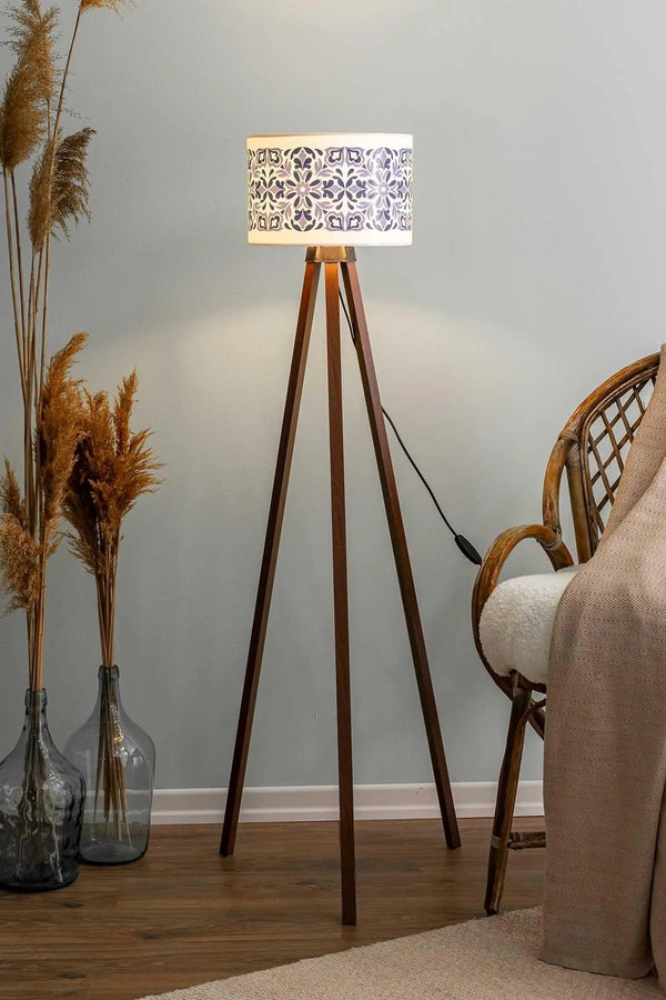 Blue Tile Cylinder Shade Wooden Tripod Floor Lamp