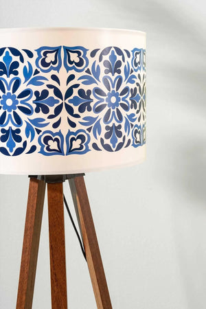 Blue Tile Cylinder Shade Wooden Tripod Floor Lamp
