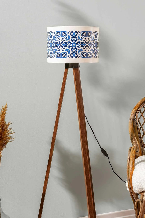 Blue Tile Cylinder Shade Wooden Tripod Floor Lamp