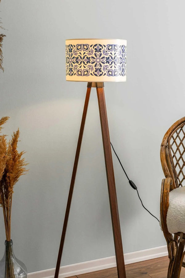 Blue Tile Cylinder Shade Wooden Tripod Floor Lamp