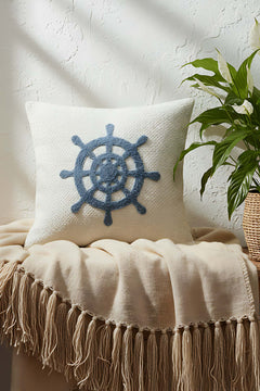 Blue Rudder Punch & Embroidered Decorative Cushion Cover – Woven Rattan Look, Blue Leaves, Hidden Zipper, 43x43 cm