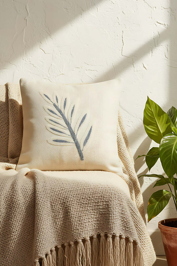 Blue Leaves Woven Punch Cushion Cover with Straw-Like Appearance