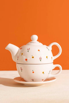 Minimal Flower Amore 4-Piece Tea-for-One Set – Handmade Ceramic Teapot, Cup & Saucer Set, 600 ml