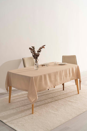Nora Beige Mitered Corner Tablecloth – Elegant Pattern, Polyester Fabric, 150x220 cm
