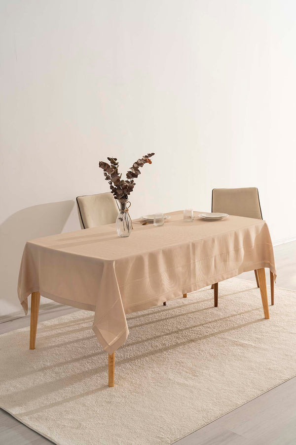 Nora Beige Mitered Corner Tablecloth – Elegant Pattern, Polyester Fabric, 150x220 cm