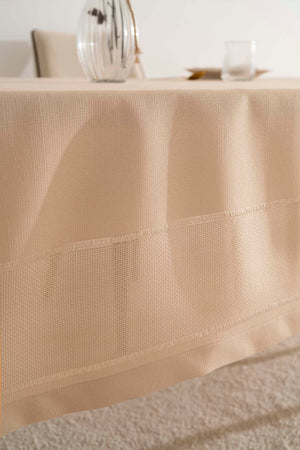 Nora Beige Mitered Corner Tablecloth – Elegant Pattern, Polyester Fabric, 150x220 cm
