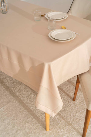 Nora Beige Mitered Corner Tablecloth – Elegant Pattern, Polyester Fabric, 150x220 cm