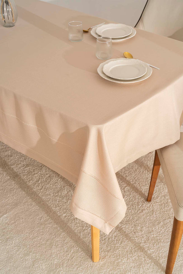 Nora Beige Mitered Corner Tablecloth – Elegant Pattern, Polyester Fabric, 150x220 cm
