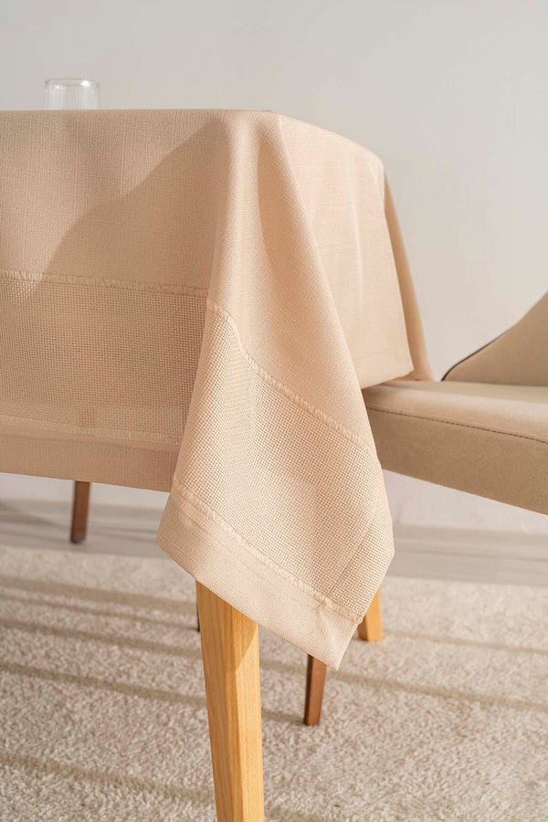 Nora Beige Mitered Corner Tablecloth – Elegant Pattern, Polyester Fabric, 150x220 cm