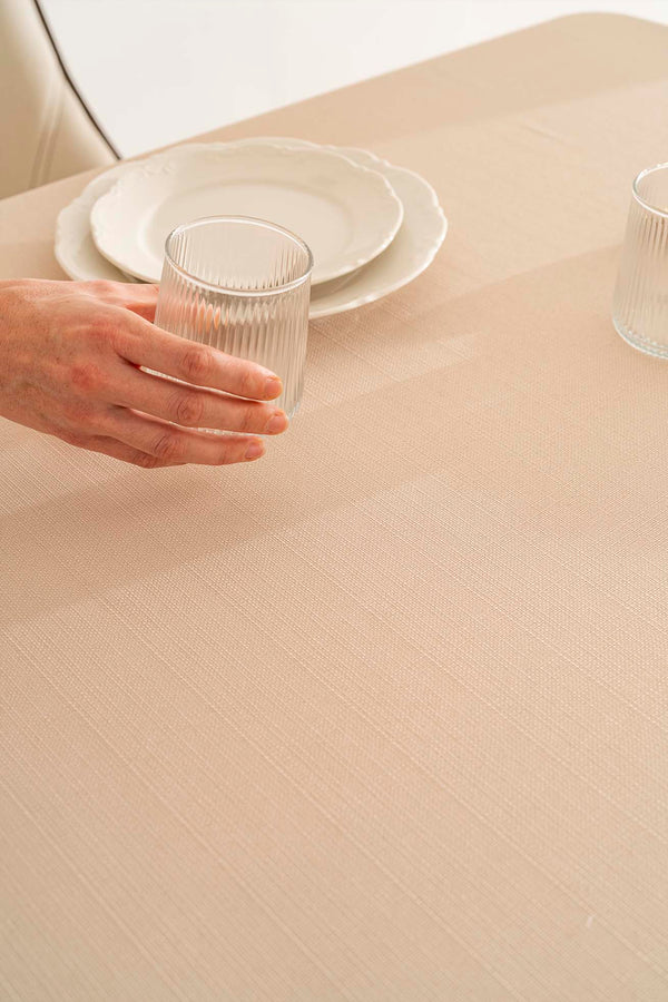 Nora Beige Mitered Corner Tablecloth – Elegant Pattern, Polyester Fabric, 150x220 cm