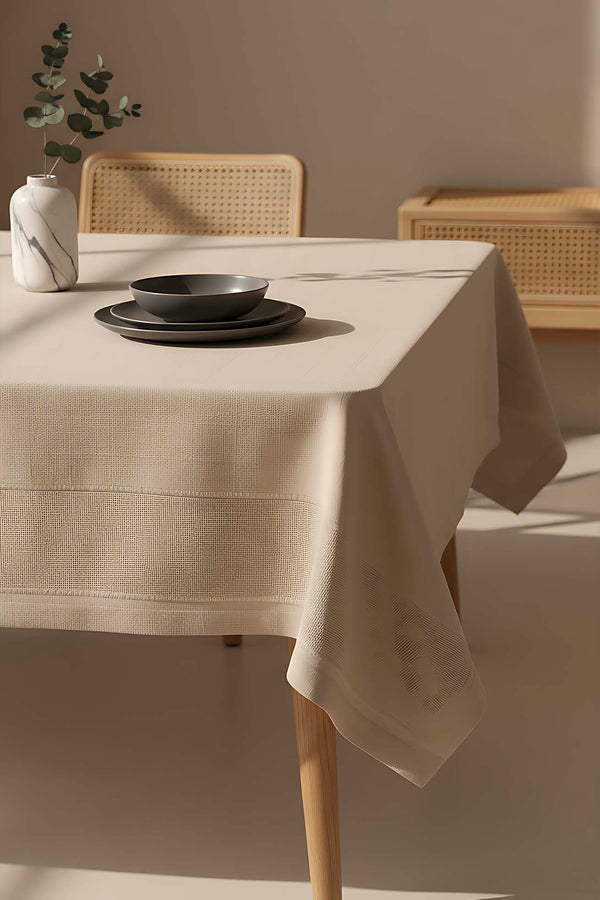 Nora Beige Mitered Corner Tablecloth – Elegant Pattern, Polyester Fabric, 150x220 cm