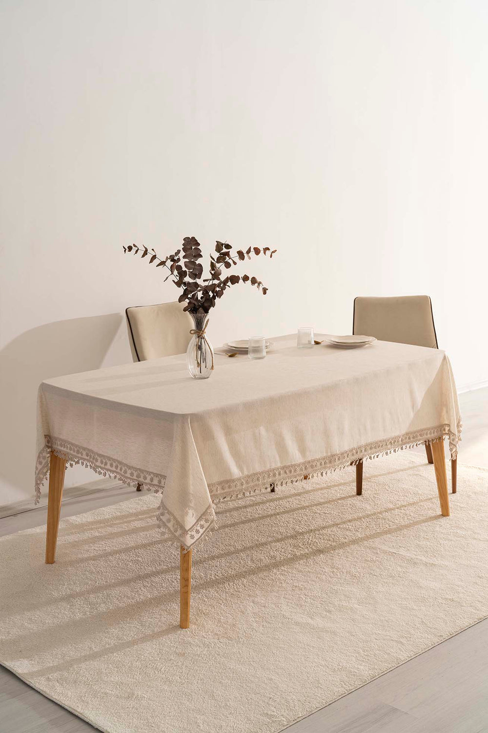 Elegant Beige Elegant Beige Double Row Guipure Lace Tablecloth – Luxury Linen Blend, 160x220 cm
