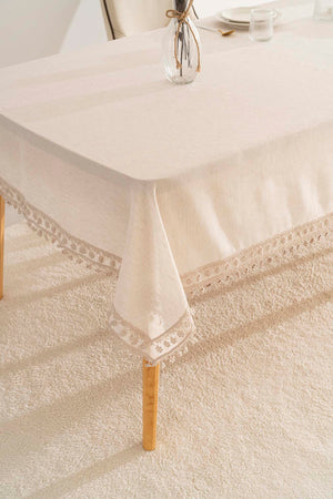 Elegant Beige Elegant Beige Double Row Guipure Lace Tablecloth – Luxury Linen Blend, 160x220 cm