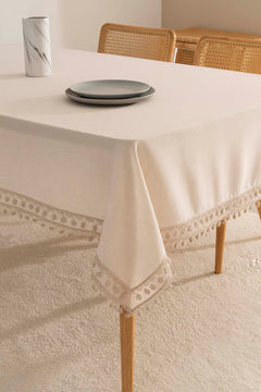 Elegant Beige Elegant Beige Double Row Guipure Lace Tablecloth – Luxury Linen Blend, 160x220 cm