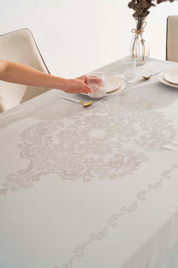 Jumbo Gray Jacquard Tablecloth – Liquid Repellent, Stain Resistant, 100% Polyester, 160x220 cm