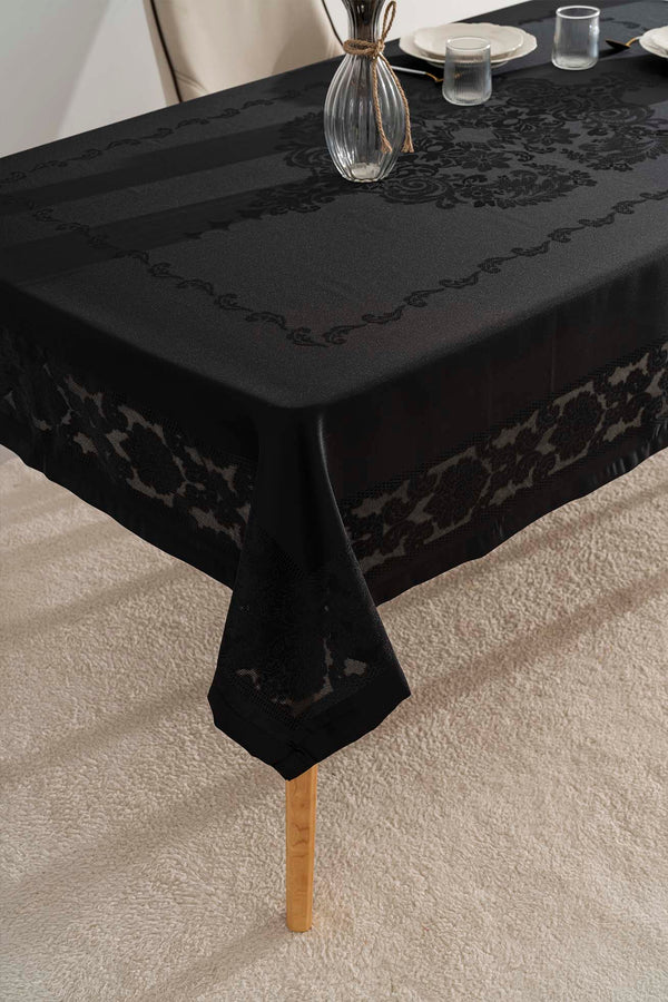 Jumbo Black Jacquard Tablecloth – Liquid Repellent, Stain Resistant, 100% Polyester, 160x220 cm