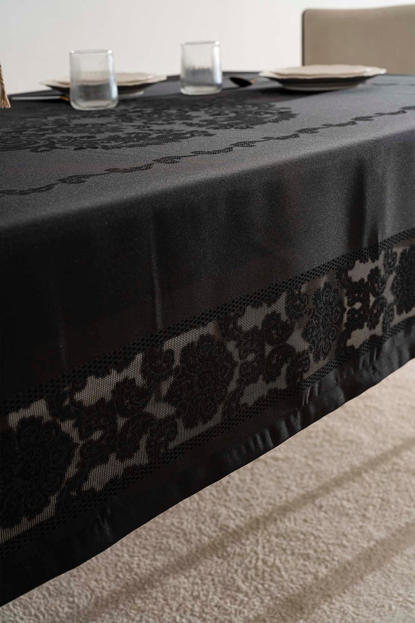 Jumbo Black Jacquard Tablecloth – Liquid Repellent, Stain Resistant, 100% Polyester, 160x220 cm