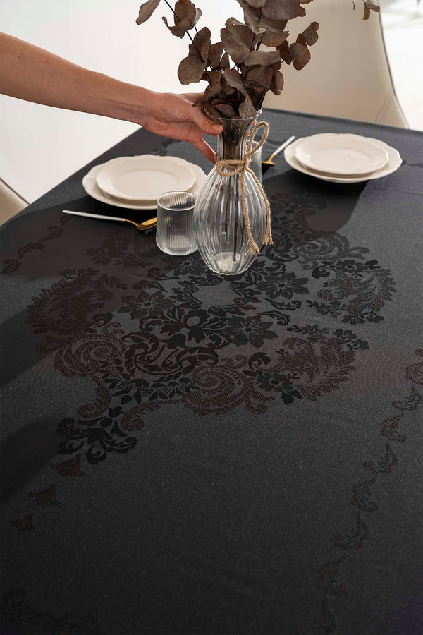 Jumbo Black Jacquard Tablecloth – Liquid Repellent, Stain Resistant, 100% Polyester, 160x220 cm