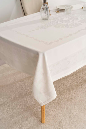 Jumbo Cream Jacquard Tablecloth – Liquid Repellent, Stain Resistant, 100% Polyester, 160x220 cm