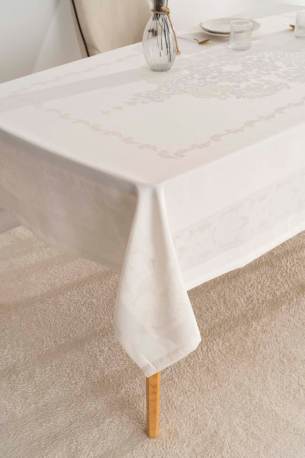 Jumbo Cream Jacquard Tablecloth – Liquid Repellent, Stain Resistant, 100% Polyester, 160x220 cm