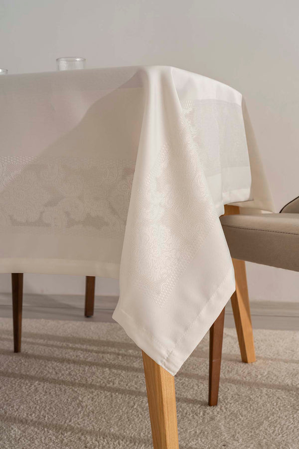 Jumbo Cream Jacquard Tablecloth – Liquid Repellent, Stain Resistant, 100% Polyester, 160x220 cm