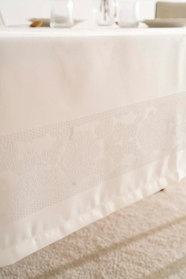 Jumbo Cream Jacquard Tablecloth – Liquid Repellent, Stain Resistant, 100% Polyester, 160x220 cm