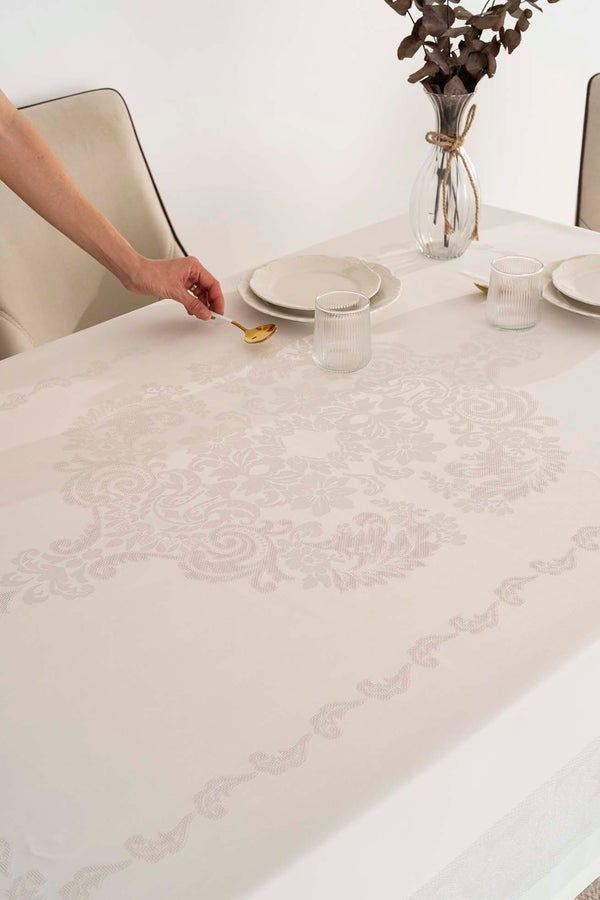 Jumbo Cream Jacquard Tablecloth – Liquid Repellent, Stain Resistant, 100% Polyester, 160x220 cm