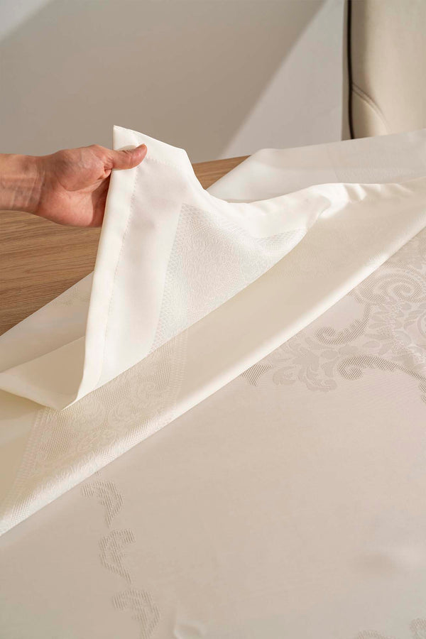 Jumbo Cream Jacquard Tablecloth – Liquid Repellent, Stain Resistant, 100% Polyester, 160x220 cm