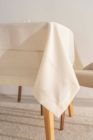 Nora Cream Mitered Corner Tablecloth – Elegant Pattern, Polyester Fabric, 150x220 cm