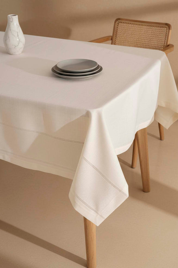 Nora Cream Mitered Corner Tablecloth – Elegant Pattern, Polyester Fabric, 150x220 cm